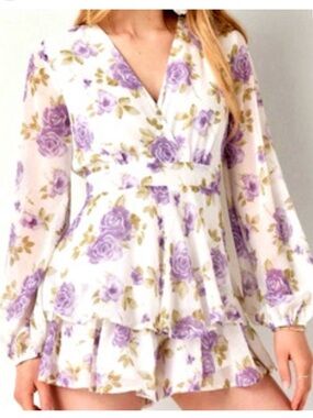 Floral V-Neck Long Sleeve Romper in Lavender